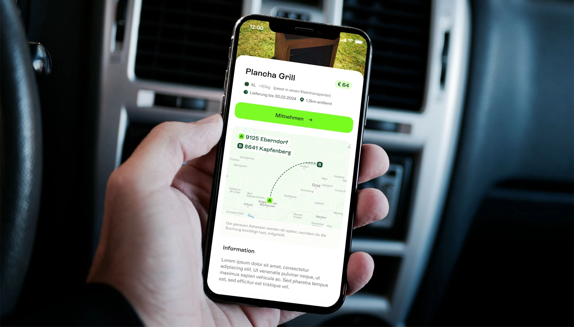 Eine Person hält ein Smartphone im Auto und zeigt das myRobin Appdesign. Auf dem Bildschirm ist das UI/UX Design der App abgebildet.